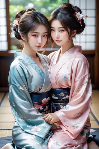 two Japanese lesbian girls having sex in kimonos, sexual poses, semi-naked, masturbating and licking each other, masterpiece, best quality, realistic, ultra highres, depth of field, (detailed face:1.2), (detailed eyes:1.2), (detailed background), (masterpiece:1.2), (ultra detailed), (best quality), intricate, comprehensive cinematic, photography, (gradients), colorful, seductive, visual key, shiny skin,photorealistic skin,hubgwomen, Close-up Pussy