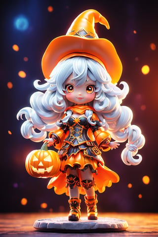  ((1 girl with Halloween costume and wizard hat holding a halloween pumpkin , in the halloween night festival,adorable, happy)), (masterpiece, best quality, ultra-detailed), (detailed background)street, bokeh, (beautiful detailed face), high contrast, ,girl , boxing pose, long silver hair