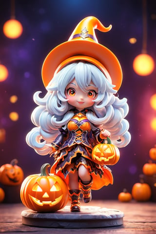  ((1 girl with Halloween costume and wizard hat holding a halloween pumpkin , in the halloween night festival,adorable, happy)), (masterpiece, best quality, ultra-detailed), (detailed background)street, bokeh, (beautiful detailed face), high contrast, ,girl , boxing pose, long silver hair