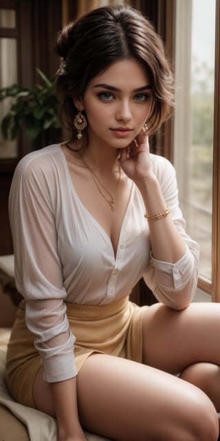 Generate hyper realistic image of a Indian woman with blonde hair and piercing blue eyes, elegantly sitting and gazing directly at the viewer. She wears a crisp white shirt with long sleeves, adorned with subtle jewelry including earrings and a necklace. Her hair is styled in a chic bun, with strands of white hair framing her face, adding to her ethereal charm. The indoor setting provides a soft light that accentuates her features and highlights the delicate details of her attire and accessories.