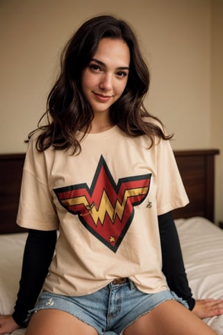 teen gal gadot, xxmix_girl, graininess, smile, cold, exposure, FilmGirl, 18_year_old, beautiful_girl, tattooed, girl in oversize t-shirt custume, The t-shirt has the wonder woman logo, lie down on the bed, realhands, curly_hair, brown_hair,L inkGirl, 1 girl