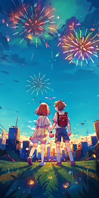 Teenage boy and girl, back view, holding hands, watch fireworks explode over a city skyline,best quality, masterpiece,BOTTOM VIEW