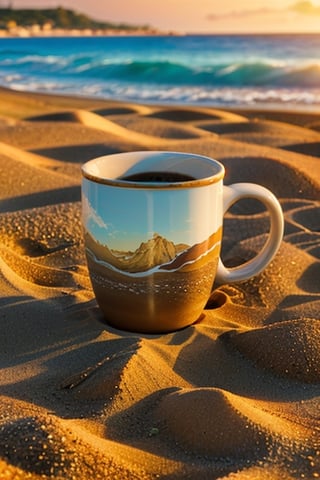 a sea shore, a cofee mug on sand, cofee beans spilles near by, blurred little waves, golden hour, sunset, sunlight, 8k, ultra realistic, masterpiece, complex_background