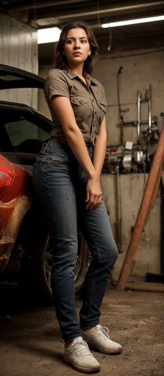 A tomboy mechanic  working hard in garage, background old rusted vehiles, oil stains on her clothes, determined face, putting power, her facial expression reveals the amount of power she is putting to fix a tyre  ,photorealistic