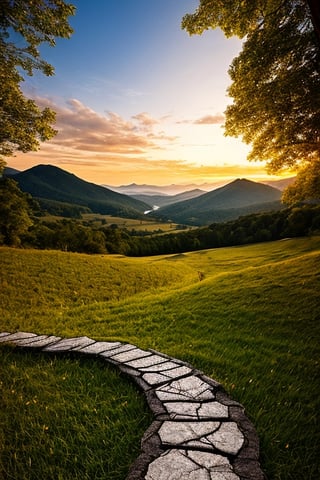 a path of cracked rocks, between green field, heading towards green mountains, both sides of path having boundaries made of logs, sunset, golden hour, hyper realistic, ultra realistic, 18k, masterpiece, outstanding photo, cinematic lighting 