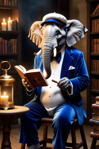 ((CARICATURE, CARTOON)), (Masterpiece, Best Quality, Photorealistic, High Resolution, 8K Raw) cartoon, ((an old elephant)), sitting on a stool, smoking cigar, reading books,  in an ancient liabrary, white beard, round glasses, blue velvet gown, dim light, white cap, hyper realistic, nightwear, dim light, candles, 