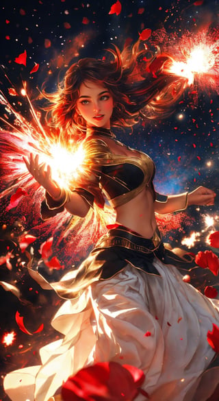  a highly detailed photo of a girl dancing elegantly, an explosion of red rose petals, creating a stunning scene that captures the essence of the celebration, milkyway as backdrop, Extremely Realistic,frwks