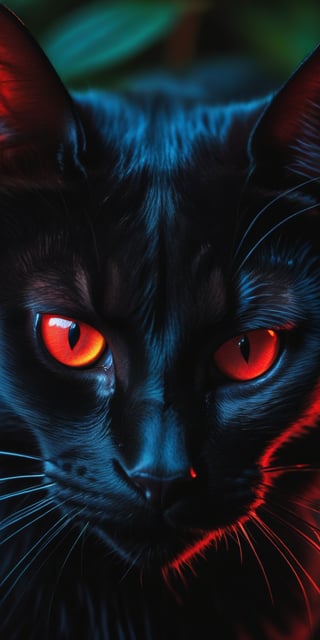 A close-up shot of a demonic black cat's face, its piercing red eyes glowing in the dark. The feline's fur appears as dark as coal, with subtle shading giving it an eerie depth. Set against a fiery red backdrop, thickets of twisted thorns, resembling devil's claws, sprout out from the darkness, creating an ominous atmosphere.