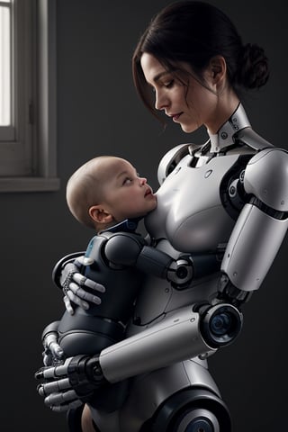 In a futuristic, photorealistic scene, a mecha girl with a slender, glass-like body stands in a neutral, grey-toned environment. The humanoid mother's gentle pose conveys maternal love and affection as she gazes down at her half-human, half-robot offspring. Details are meticulously rendered at 64k resolution, showcasing the intricate textures of her robotic limbs and the tender moment between mother and child.