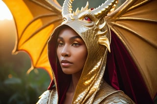 A majestic shot of a whimsical scene: The goddess' flawless face, glistening with sweat, slowly rises from the dark, velvet-lined hood of a gigantic dragon puppet costume. Soft, golden light illuminates her features, accentuating the subtle sheen on her skin. The camera lingers on the intimate moment, capturing the intricate details of the costume's scales and the goddess' serene expression, as if she has just awakened from a mystical slumber within the mythical beast.