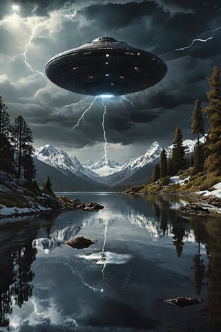 Scene of a hollywood movei, A UFO in a bright sunny day, a small island, snow laden mountains, milky way, dark clouds, thunder, storm, trees waving, water reflections, hyperrealistic water, detailed, uhd, dslr, scenery,outdoors,night,more detail XL,painted world,digital artwork by Beksinski,LegendDarkFantasy,BugCraft, cinematic moviemaker style
