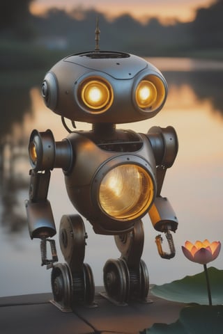 A tight close-up shot captures the intricate details of a small robot perched on the banks of a serene pond at dusk. The robotic structure is a masterclass in repurposed industrial design, with exposed wires, mechanical joints, and panels constructed from weathered scrap metal. Its orange round eyes, like lanterns, gaze intently at the lotus flowers swaying gently in the post-rain breeze. The soft glow of a nearby streetlamp or moonlight casts an ethereal ambiance, as the robot's metallic form seems to blend with the misty night air.,dark,Extremely Realistic,chiaroscuro,low-key