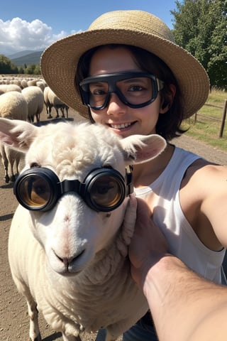 Masterpiece, best' quality, 64k, detailed, futuristic, sci-fi, white mechanical cat, wearing a hat and goggles, taking selfie with a sheep, bright sunny day, hyper realistic,