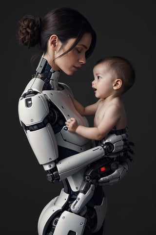 In a futuristic, photorealistic scene, a mecha girl with a slender, glass-like body stands in a neutral, grey-toned environment. The humanoid mother's gentle pose conveys maternal love and affection as she gazes down at her half-human, half-robot offspring. Details are meticulously rendered at 64k resolution, showcasing the intricate textures of her robotic limbs and the tender moment between mother and child.