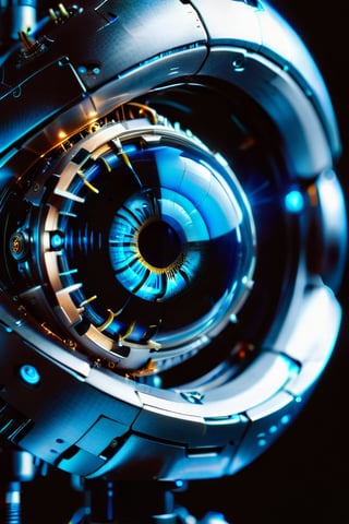 A futuristic close-up shot of a robotic eye with intricate mechanical details, gleaming metallic surfaces, and glowing blue optics. Softbox lighting casts a warm glow on the robot's angular face, while the surrounding darkness creates a dramatic contrast. The camera captures every microscopic mechanism, highlighting the precision engineering that brings this artificial gaze to life.,Extremely Realistic