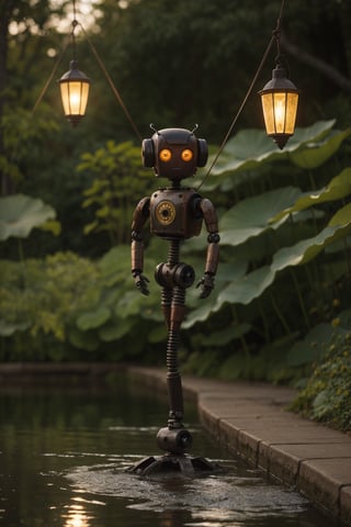 A 64k tight close-up shot captures the intricate details of a small robot perched on the banks of a serene pond at dusk. The robotic structure is a masterclass in repurposed industrial design, with exposed wires, mechanical joints, and panels constructed from weathered rusted metal. Its round eyes, like lanterns, gaze intently at the lotus flowers swaying gently in the post-rain breeze.,Masterpiece