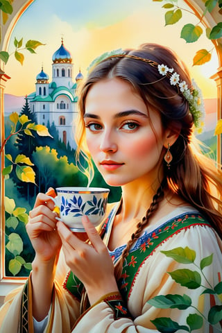 A serene watercolor painting, from Fedya's imagination, captures a close-up portrait of a young woman dressed in a Bulgarian folk costume, sipping tea from a delicate cup. She enjoys the view of vibrant green leaves framed by a minimalist glass window, allowing the warm sunlight to filter through and cast a gentle glow on her delicate features. The intricate details of the leaves and the woman's face are highlighted by this golden light. The backdrop reveals a harmonious blend of nature and modern architecture, with towering structures peeking through the greenery. The overall atmosphere evokes a sense of calm and unity between the natural world and the urban environment, which makes this picture a true work of art, painting, illustration and the beauty of Bulgaria.,BugCraft,scenery