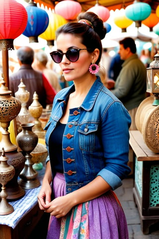 A vibrant scene at an old-fashioned marketplace, where a woman in her early 50s stands amidst a bustling crowd of vendors and shoppers. She wears a stylishly-worn denim jacket, a flowery skirt, and comfortable walking shoes, accessorized with a pair of cat-eye sunglasses perched on her nose. Her dark hair is swept back into a messy bun, revealing a pair of delicate silver earrings. Her gaze is fixated on a particular booth in the distance, where an array of antique items are displayed. The booth, adorned with colorful bunting and old-fashioned lanterns, is overflowing with vintage jewelry, porcelain figurines, and ornately-carved wooden furniture. The woman's expression is one of deep admiration as she carefully inspects each item, her hands running over the smooth surfaces and intricate details of the antiques, lost in the nostalgic beauty of the marketplace. The background is filled with other stalls selling various knick-knacks, secondhand clothing, and handmade crafts, creating a kaleidoscope of colors and textures that only add to the charm of the setting.