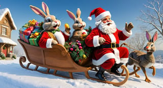 masterpiece, best quality, Easter bunny dressed with clothes and hat of Santa Claus, on a sleigh full of gifts, sleigh is being pulled by thanksgiving turkeys 