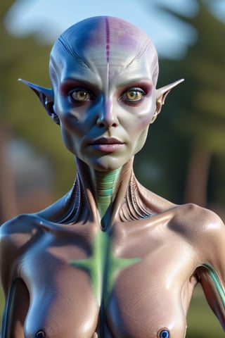 A beautiful female alien in a park, best quality, amazing quality, very aesthetic, absurdres,perfect eyes, 