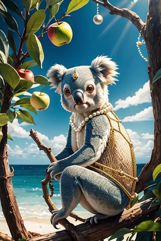 Koala, golden, chameleon, pearls, fish net, apples, clear sky