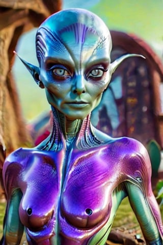 A beautiful female alien in a park, full body, best quality, amazing quality, very aesthetic, absurdres,perfect eyes, 