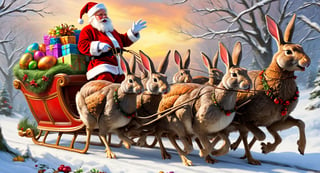 masterpiece, best quality, Easter bunny dressed with clothes and hat of Santa Claus, on a sleigh full of gifts, sleigh is being pulled by thanksgiving turkeys ,Digital painting 