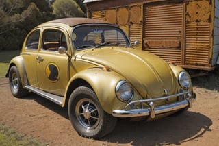 Old yellow and rusty Beatle, chrome wheels, ,more detail XL