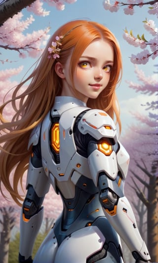 masterpiece, best quality, 1girl, yellow eyes, Beautiful face, delicate eyes, smile, long hair, orange hair, tree, standing, cherry blossoms, looking at viewer, upper body, from below, looking back, ((Mecha)), young girl, Cyberpunk, CyberMechaGirl