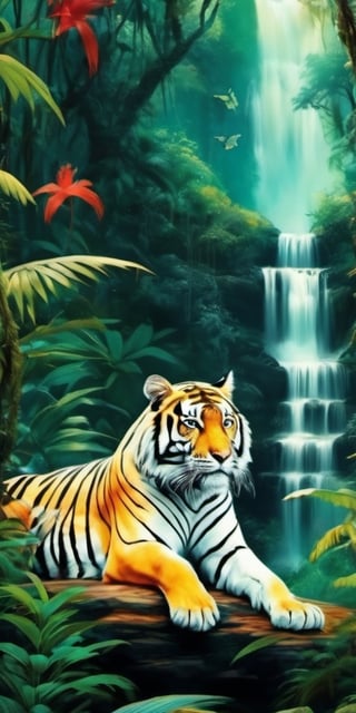 (((masterpiece))),best quality, illustration, a Black and white tiger in the middle of the jungle, crayon