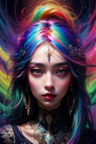 a painting of a woman with long hair and colorful hair, beautiful digital illustration, stunning digital illustration, gorgeous digital art, a beautiful artwork illustration, beautiful digital artwork, beautiful digital art, exquisite digital illustration, intricate digital painting, very beautiful digital art, vibrant digital painting, beautiful gorgeous digital art, psychedelic flowing hair, colorful digital painting, inspiring digital art, stylized digital art
