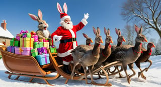 masterpiece, best quality, Easter bunny dressed with clothes and hat of Santa Claus, on a sleigh full of gifts, sleigh is being pulled by turkeys 