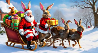 masterpiece, best quality, Easter bunny dressed with clothes and hat of Santa Claus, on a sleigh full of gifts, sleigh is being pulled by thanksgiving turkeys ,Digital painting 