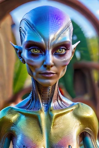 A beautiful female alien in a park, full body, best quality, amazing quality, very aesthetic, absurdres,perfect eyes, 