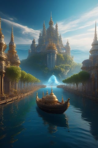 (imagine a kingdom on water floating with a beautifull backround) (best quality), (ultra detailed), (detailed background:1.2), (detailed eyes:1.2), (masterpiece:1.2) (Detailed teeth:1.2), full body image,Renaissance Sci-Fi Fantasy