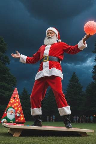 (masterpiece)), (best quality), (cinematic),detailed face, detailed body, dark gray sky, glow, clouds, (cinematic, colorful), (extremely detailed), highly detailed face, Santa Claus in mid throw while playing cornhole at a summer park.