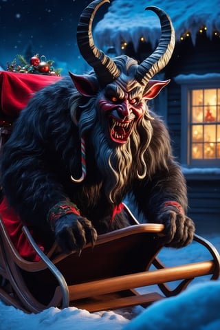 (masterpiece), (best quality),(extremely intricate), (realistic), (sharp focus), (cinematic lighting), (extremely detailed), Epic painting of Krampus in a sleigh that is moving away from a christmas decorated house at night on christmas eve, cackling laughter, lots of dynamic movement