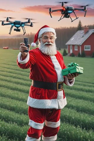 (masterpiece)), (best quality), (cinematic), (cinematic, colorful), (extremely detailed)santa clause holding a remote and a drone in a field with christmas packages stacked in the background