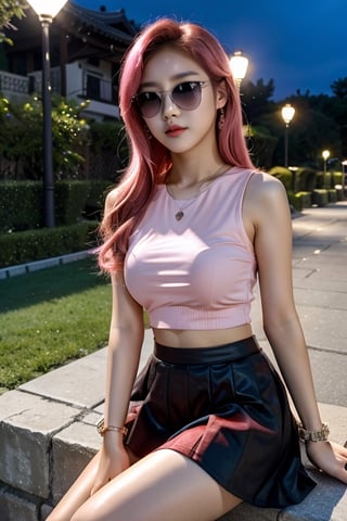 18 years old ,girl,Korean ,idol,skirt,top,pink hair ,realistic ,kpop,8k,idol,sitting ,famous ,rich,makeup ,brown eyes,outside ,taking photo,sun glasses ,night time ,poseing 