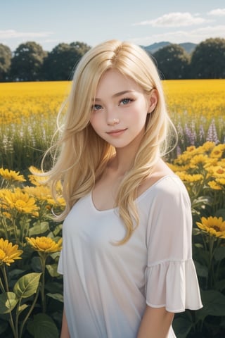 Blonde hair, flower_field, 20 year old woman, small smile,
