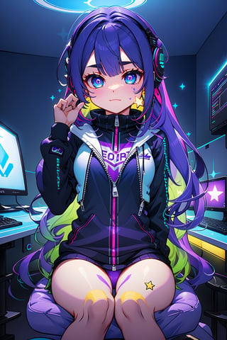 (((master piece, best quality))), (((sharp focus))), 1girl, (((long black hair))), very long hair, (((multicolored hair, gradient hair, two-tone hair, blue hair, purple hair:1.2))), (((glowing blue eyes))), (((star-shaped pupils))), a e-girl playing in a computer, gaming headphones, (Black sweatshirt with zipper open:1.4), (uncover body:1.2), (cotton underwear:1.4), sitting in a game chair, (fish eye lent:0.9), detalied dark bedroom illuminated with rgb, ((clothes are open)), PinchingPOV, 