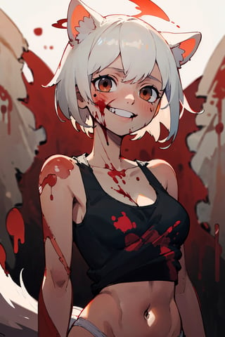 ((masterpiece)), (best quality), masterpiece, best quality, highres, 1girl, solo, animal ears, white hair, short hair, brown eyes, tail, medium breasts, navel, white panties, tank top, cleavage, (((upper body))), standing, grin, ((blood on face)), blood on hand, murderer, close-up, perfect anatomy, ((balanced lighting))