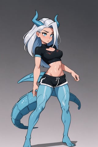 ((masterpiece)), (best quality), (ultra detailed), 4K, high resolution, Best quality, Masterpiece, perfect colors, perfectly shaded, Perfect lighting, anthro, perfect body, majestic dragon, scutes,Bicolor scales,Silvery hair,A blue scaly body, blue color eyes, Perfect female body, Perfect female figure, Wear women's crop top and shorts, Dragon's horns, Detailed scales, Detailed face, Perfect face, (The stands up), Detailed background, ((Bonifasko lighting)), coda, (Detailed eyes), perfect pupils, full-body_portrait, perfect medium breast,SAM YANG