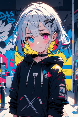 ((masterpiece)), (best quality), (ultra detailed), high quality, highres, absurdres, ultra-detailed, 8k, 1girl, platinum grey hair, blue hair, multicolored hair, gradient hair, looking at viewer, colorful eyes, colorful hoodie, (graffiti murals wall background:1.15), brilliant colorful paintings, bloom, portrait, cross hair ornament, closed mouth, waist bag, against wall, bangs, shadow, reflection,High detailed ,glitter, heterochromia