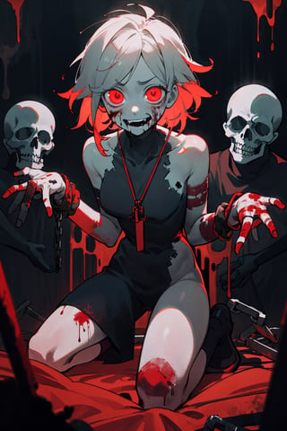 ((masterpiece)), (best quality), masterpiece, best quality, 1 girl, supine, kneeling, pale skin, messy hair, red eyes, glowing eyes, creepy, creepy smile, crazy expression, blood on face, blood on clothes, naked, creepy, scary, blood, horror, light particles, night, iron bracelets with chains