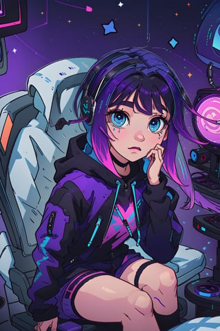 (((master piece, best quality))), (((sharp focus))), 1girl, (((long black hair))), very long hair, (((multicolored hair, gradient hair, two-tone hair, blue hair, purple hair:1.2))), (((glowing blue eyes))), (((star-shaped pupils))), a e-girl playing in a computer, gaming headphones, (Black sweatshirt with zipper open:1.4), (uncover body:1.2), (cotton underwear:1.4), sitting in a game chair, (fish eye lent:0.9), detalied dark bedroom illuminated with rgb, ((clothes are open))