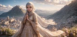 muslim girl, 21 years old , beautiful face, ((long hijab fluttering in the wind, does not show the hair, only the face is visible)), islamic costume, Holding a pen, brown eyes, close-up, magical aura, standing in a garden on a mountain, masterpiece, daylight_sky, cloudy sky, full_body,1 girl, mole_under_eye, 