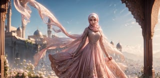 muslim girl, 21 years old , beautiful face, ((long hijab fluttering in the wind, does not show the hair, only the face is visible)), islamic costume, Holding a pen, brown eyes, close-up, magical aura, standing in a garden on a mountain, masterpiece, daylight_sky, cloudy sky, full_body,1 girl, pink dress,