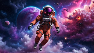 a cosmonaut jumpingin the air, cosmos and nebulas shrouded in a mystical and magical mist.
Witness the grandeur of a magic space,  pink purple and red planets are there, nebula, clouds on the sky, intricate details,  hyperrealistic photography,  8k,  neon lights,  nighttime,  ultra dark theme, detailmaster2