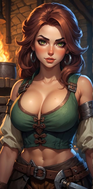 Um retrato de 1 mulher de cabelos castanhos, She's a sexy blacksmith in a forge with cleavage and boobs, usando trajes medievais em um RPG de arte medieval, uma arte de detalhes brutos; ((cabelos muito longos)) ((pelos marrons)) ((cabelos castanhos)) ((olhos verdes))